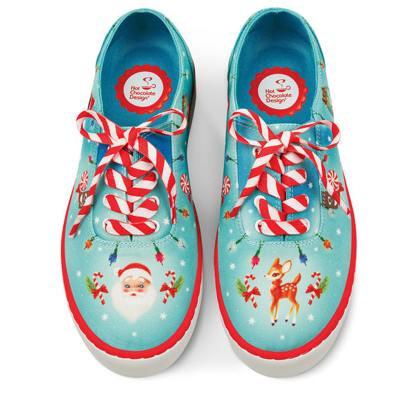 Hot Chocolate Design Pair of Christmas-themed sneakers with candy cane laces on a white background