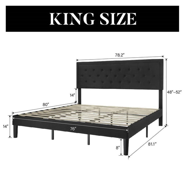 King Black Linen Upholstered Platform Bed Frame with Button-Tufted Headboard
