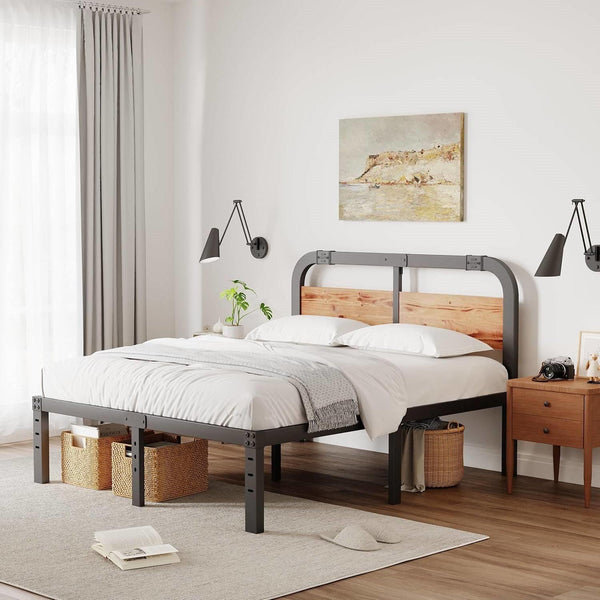 King Heavy Duty Black Metal Bed Frame with Solid Wood Panel Headboard