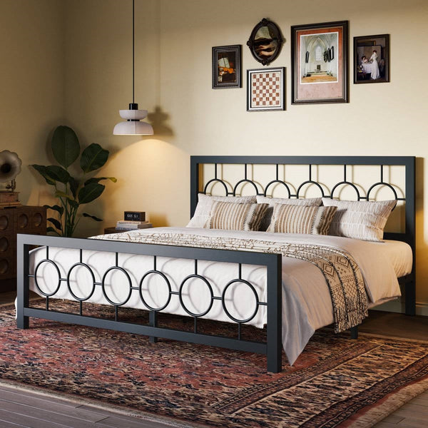 King Black Metal Platform Bed Frame with Circle Medallion Headboard Footboard