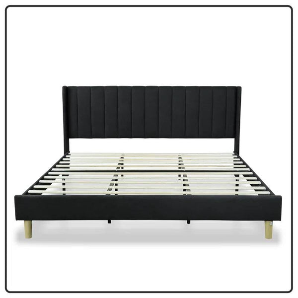 King size Mid-Century Black Linen Platform Bed Frame with Upholstered Headboard