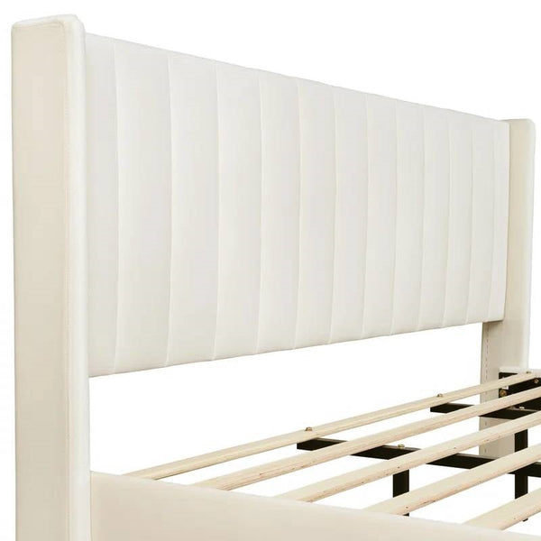 King Mid-Century Platform Bed Frame with Cream Velvet Upholstered Headboard
