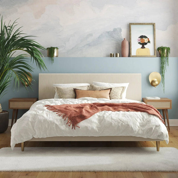 King Mid-Century Off-White Velvet Upholstered Platform Bed Frame with Headboard
