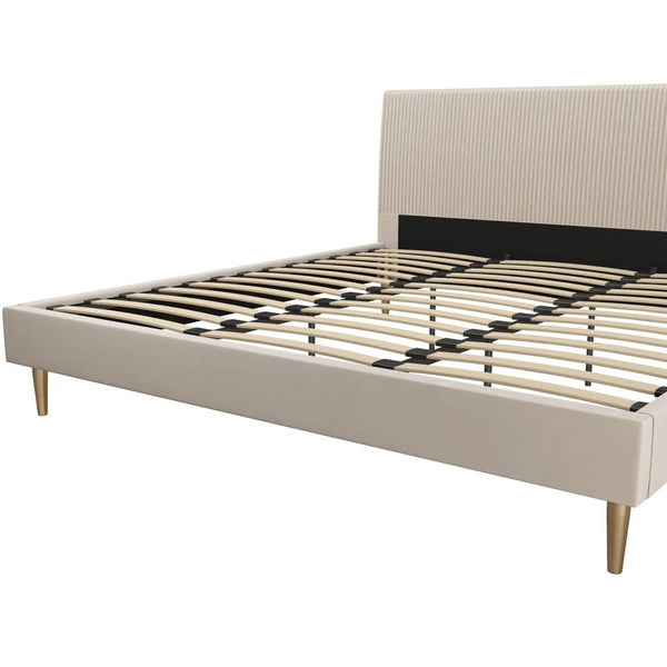 King Mid-Century Off-White Velvet Upholstered Platform Bed Frame with Headboard
