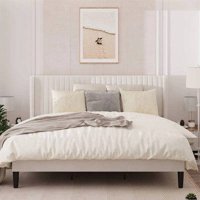 King size White Velvet Upholstered Platform Bed Frame with Wingback Headboard