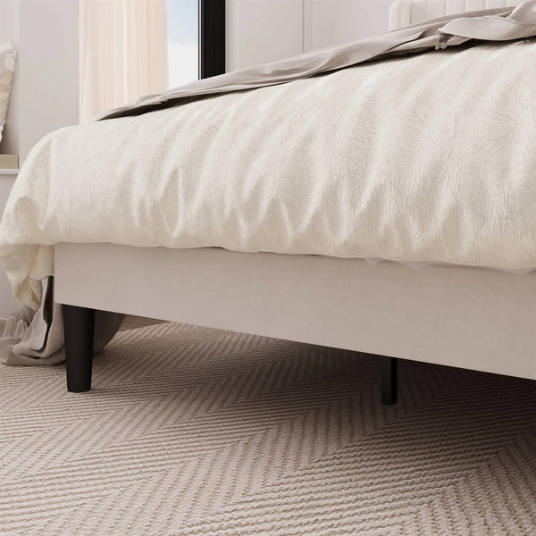 King size White Velvet Upholstered Platform Bed Frame with Wingback Headboard