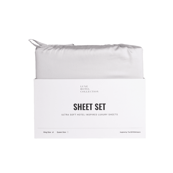 White sheet set packaging with 'Leve Hotel Collection' branding on a white background