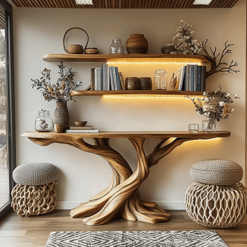 Kaelorin Live Edge Solid Wood Console Table with Shelves