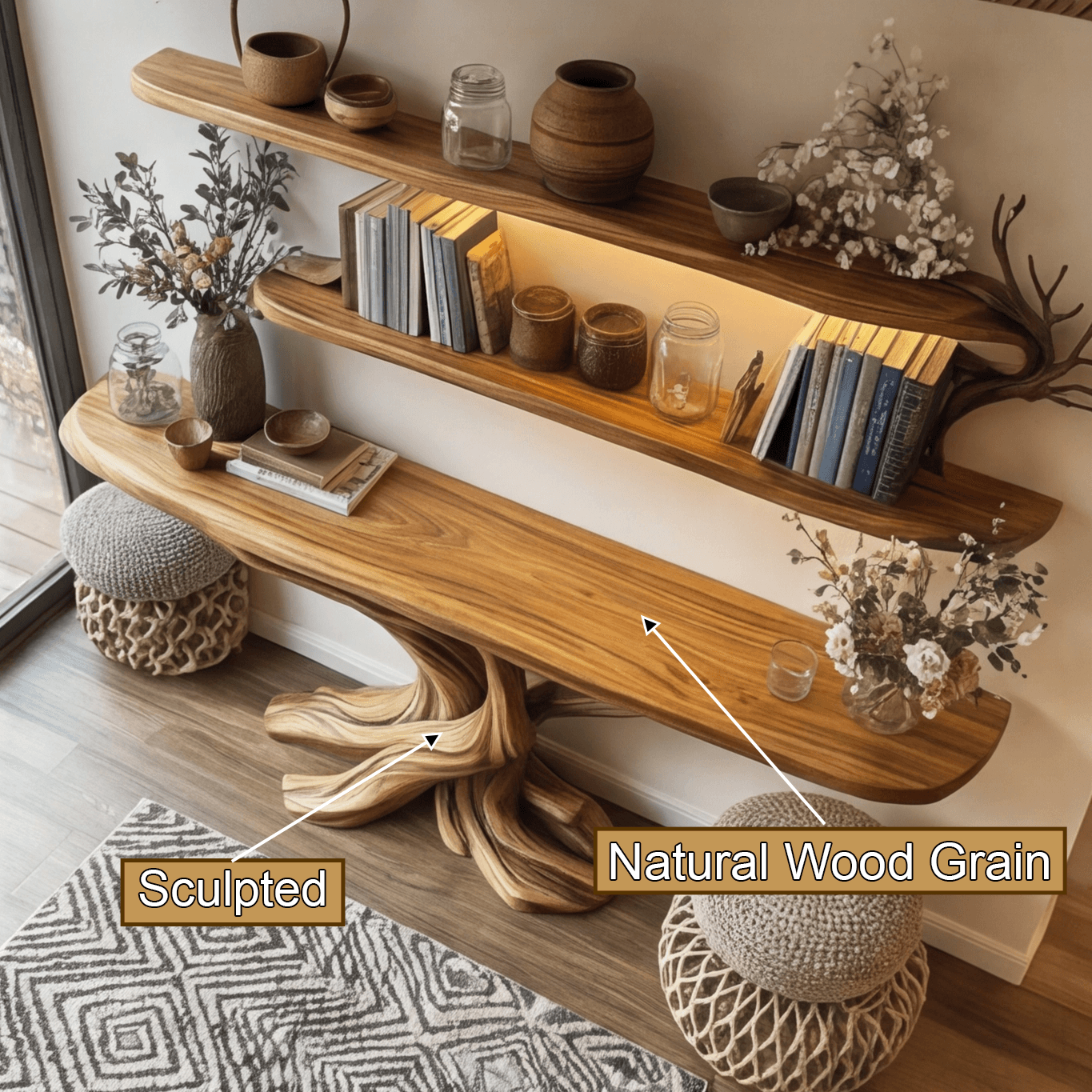 Kaelorin Live Edge Solid Wood Console Table with Shelves