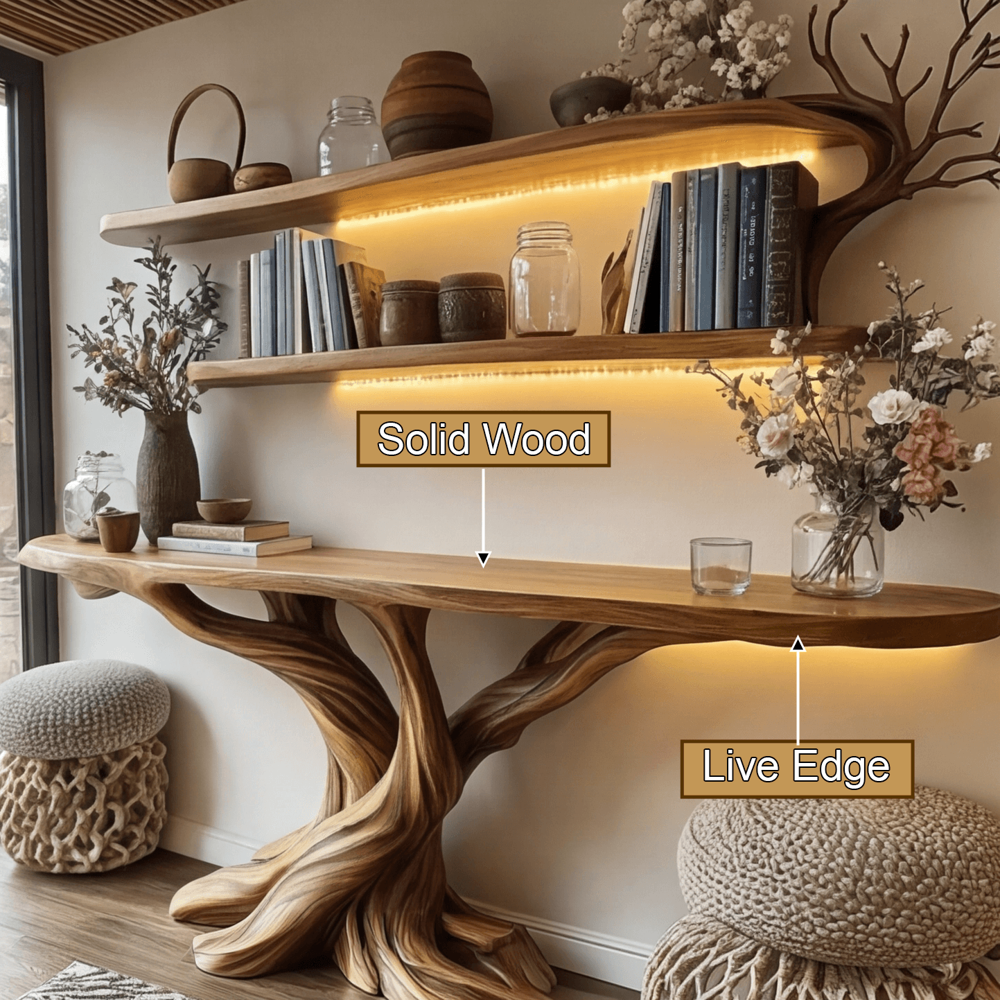 Kaelorin Live Edge Solid Wood Console Table with Shelves