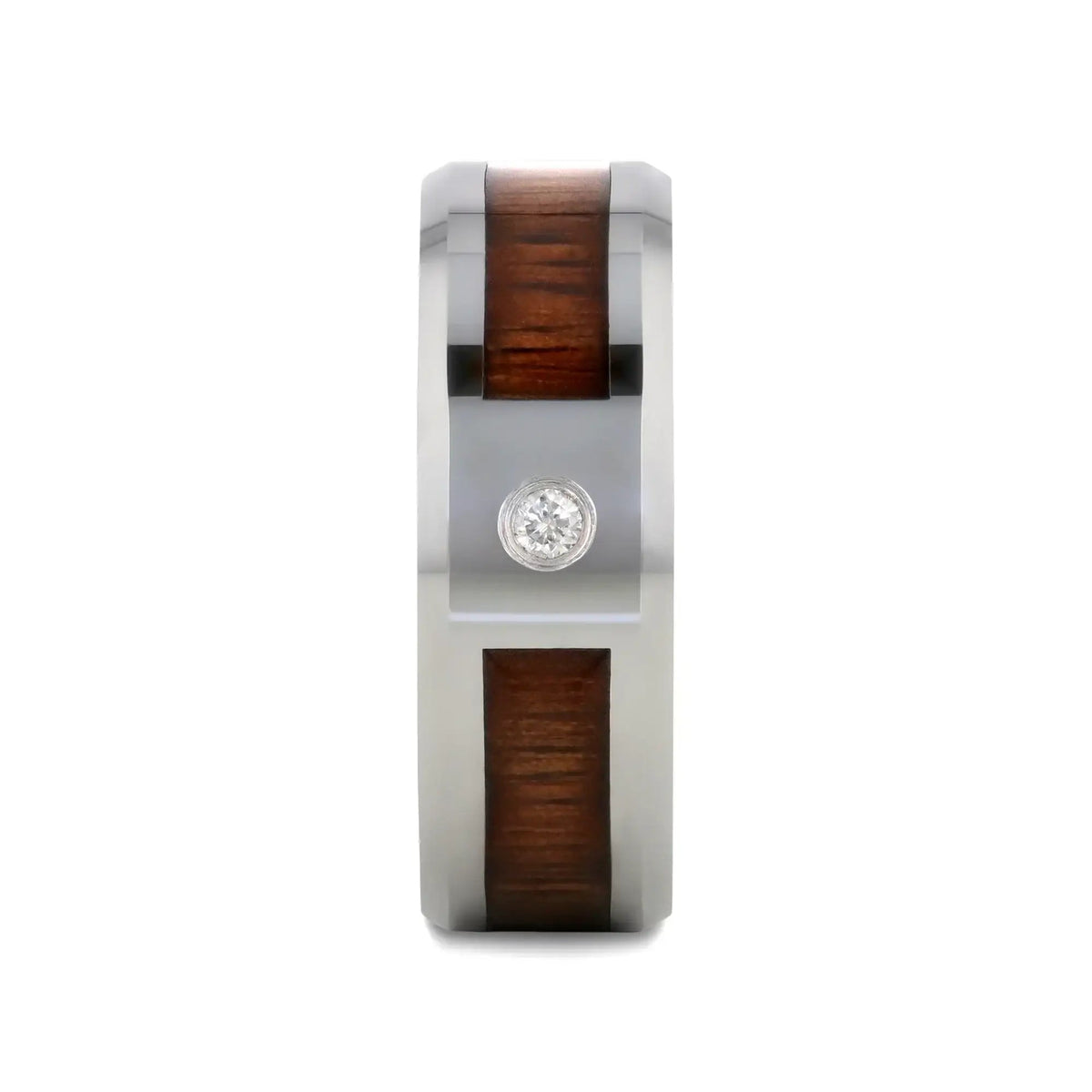 KAHUNA Tungsten Carbide Beveled Edged Diamond Wedding Band with Koa Wood Inlay & Polished Edges - 8mm