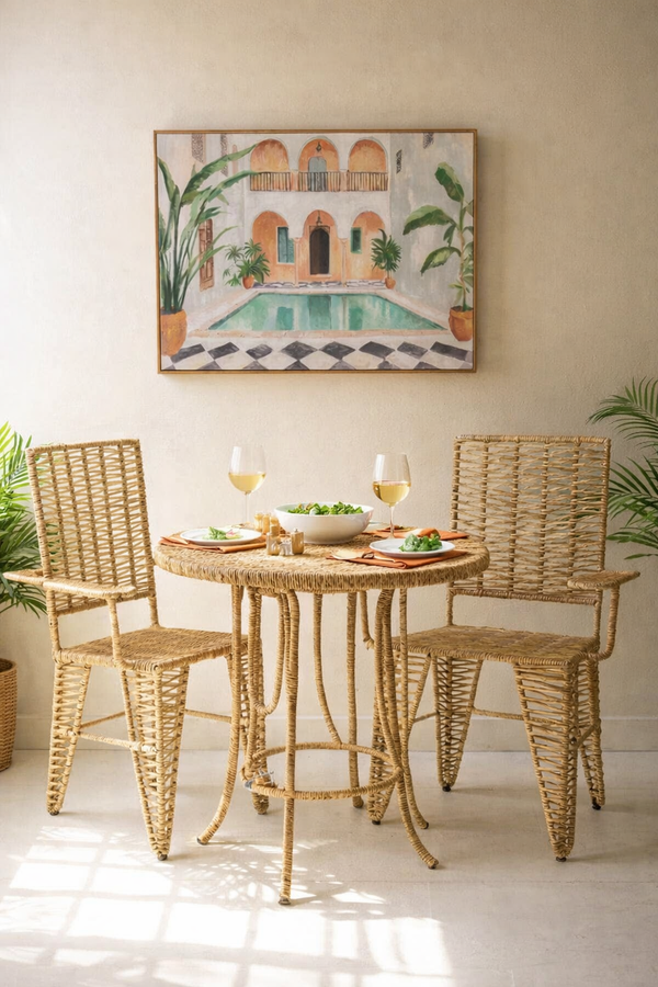 Wicker dining set with a round table and chairs in a room with a painting of a poolside scene on the wall.