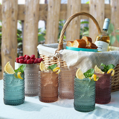 Beaded Highball Drinking Glasses | Set of 6 | Muted Color, Vintage Hobnail 14 OZ Muted Bubble Design Whiskey Glassware, Old-Fashioned, Embossed Design Glass for Water, Wine, Cocktail HAND WASH ONLY