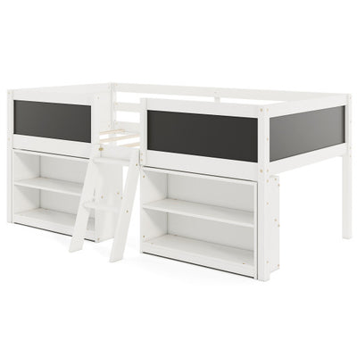 Kid Twin Size Low Loft Bed with Chalkboard Ramp Ladder and Bookcases-White