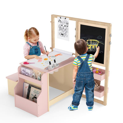Kids Art Center Wooden Table Bench Set-Pink