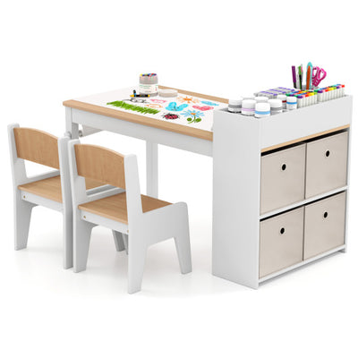 Kids Art Table and Chairs Set with 2 Chairs and Paper Roll-Natural