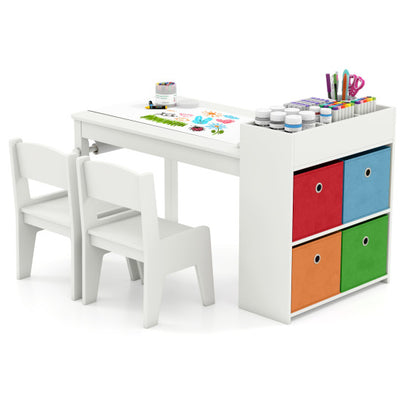 Kids Art Table and Chairs Set with 2 Chairs and Paper Roll-White