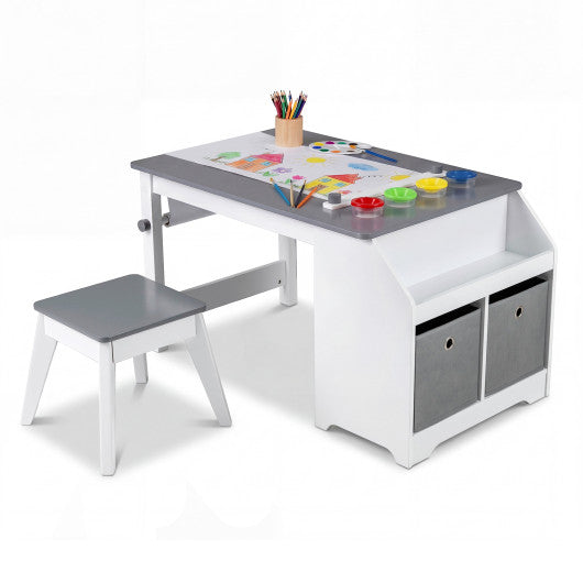 Kids Art Table and Stool Set Toddler Activity Desk with Paper Roll and 4 Paint Cups for Drawing Learning-Gray