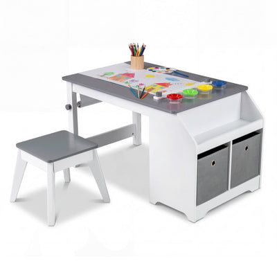 Kids Art Table and Stool Set Toddler Activity Desk with Paper Roll and 4 Paint Cups for Drawing Learning-Gray
