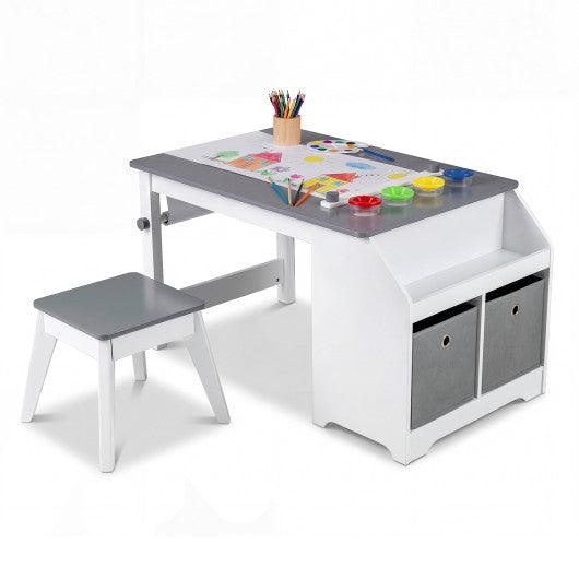 Kids Art Table and Stool Set Toddler Activity Desk with Paper Roll and 4 Paint Cups for Drawing Learning-Gray