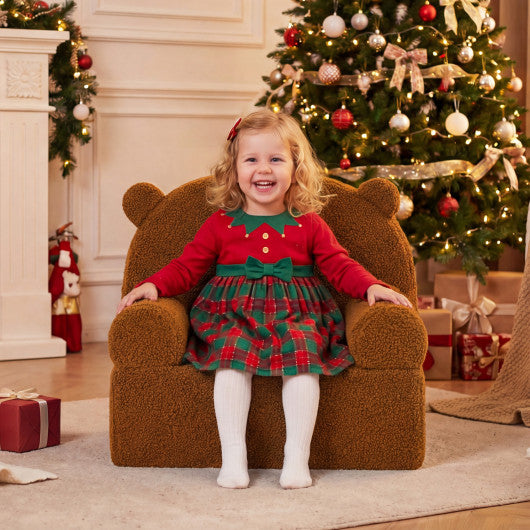 Kids Bear Sofa Toddler Foam Couch with Soft Fleece Fabric Cover-Brown