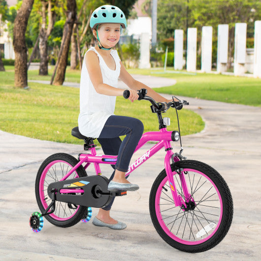 Patented 18 Inch LED Lighted Kids Bike with Training Wheels and Headlight for Ages 4-8 Years-18 inches