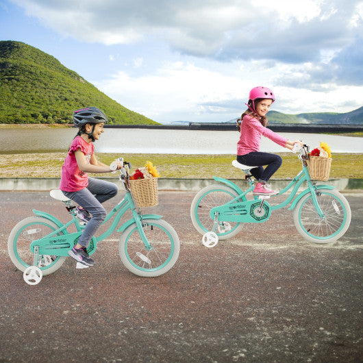 18-Inch Kids Bike with Training Wheels and Adjustable Handlebar Seat-Green