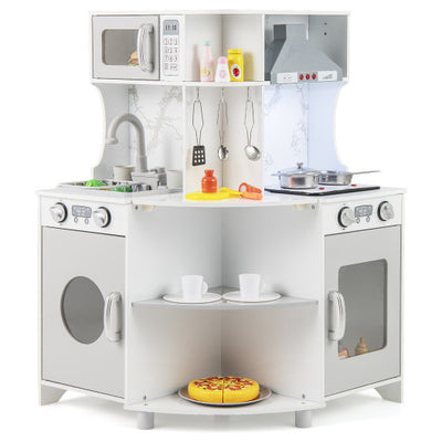 Kids Corner Wooden Play Kitchen with Range Hood and Stoves-Gray