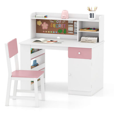 Kids Desk and Chair Set with Hutch and 3-Layer Side Shelf-Pink