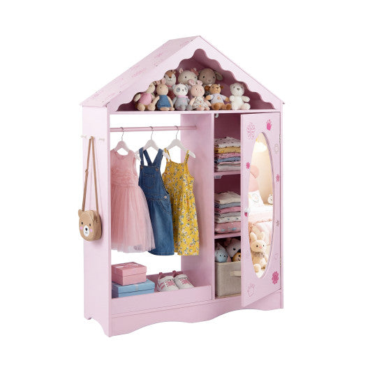 Kids Dress Up Storage with Mirror Roofed Wardrobe Closet with Open Hanging Rack-Pink