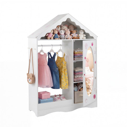 Kids Dress Up Storage with Mirror Roofed Wardrobe Closet with Open Hanging Rack-White