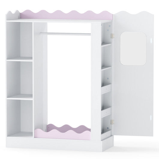 Kids Dress Up Storage with Mirrors and Hanging Rack and Shelves for Bedroom-Pink