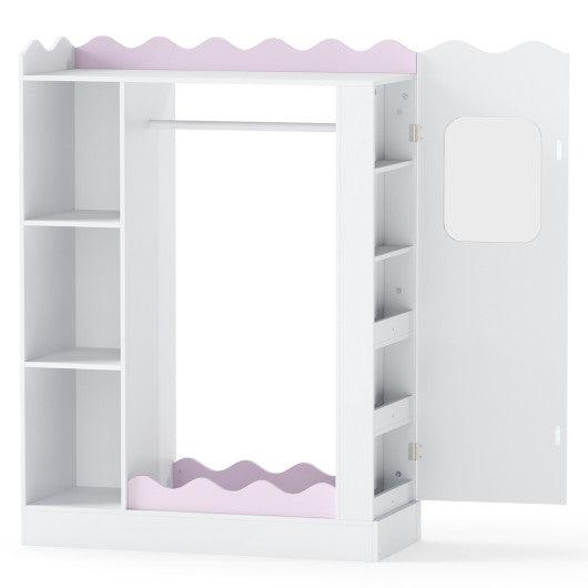 Kids Dress Up Storage with Mirrors and Hanging Rack and Shelves for Bedroom-Pink