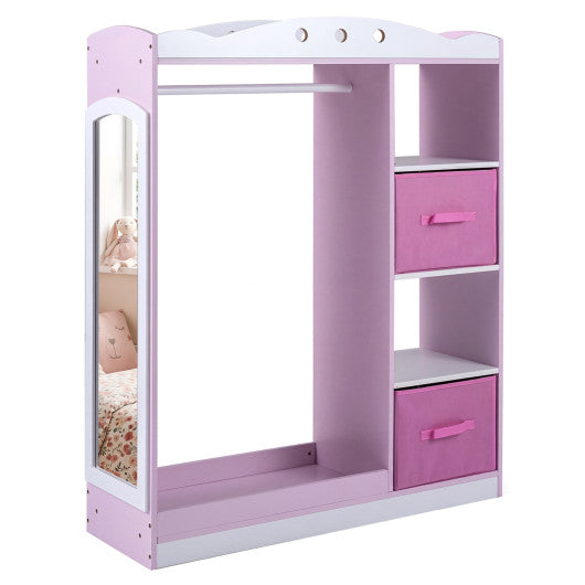 Kids Dress Up Storage with Full Length Mirror and Open Shelves-Pink