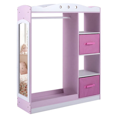 Kids Dress Up Storage with Full Length Mirror and Open Shelves-Pink
