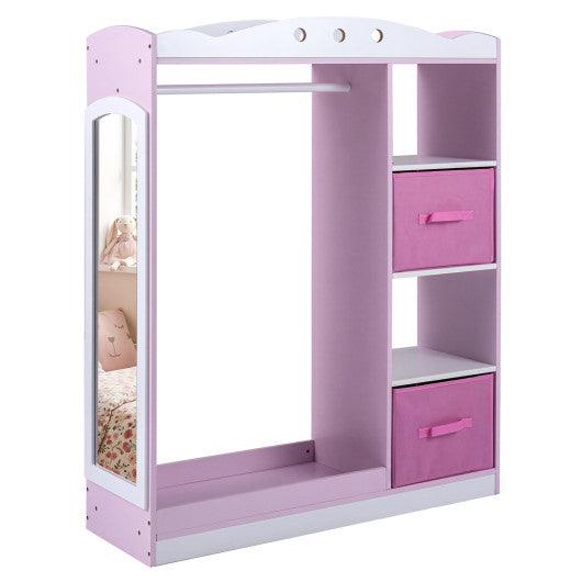 Kids Dress Up Storage with Full Length Mirror and Open Shelves-Pink