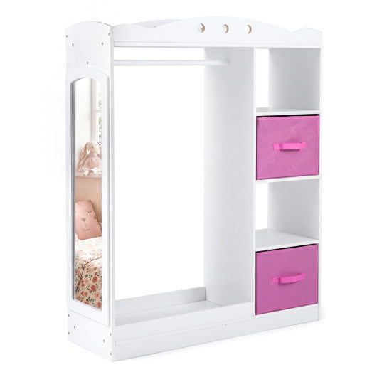 Kids Dress Up Storage with Full Length Mirror and Open Shelves- White