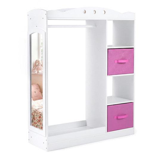 Kids Dress Up Storage with Full Length Mirror and Open Shelves- White