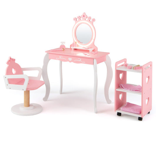 Kids Hair Salon Play Set with LED Lighted Mirror Wooden Pretend Hair Salon Station with Swivel Barber Chair-Pink