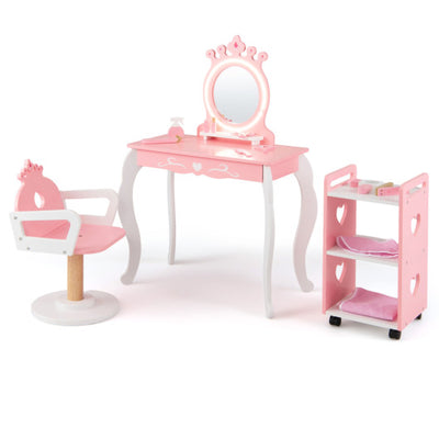 Kids Hair Salon Play Set with LED Lighted Mirror Wooden Pretend Hair Salon Station with Swivel Barber Chair-Pink