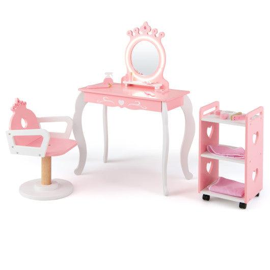 Kids Hair Salon Play Set with LED Lighted Mirror Wooden Pretend Hair Salon Station with Swivel Barber Chair-Pink
