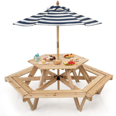 Kids Hexagonal Picnic Table with Adjustable Umbrella and Chairs-Natural