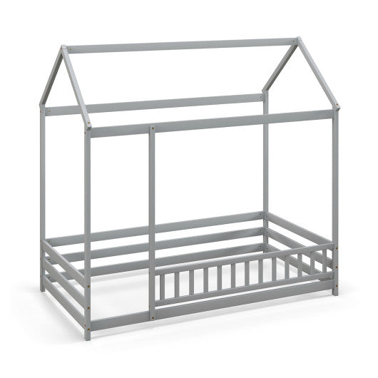 Twin Size Kids House Bed Wooden Floor Bed with Roof and Full-length Safety Guardrail-Gray