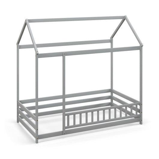 Twin Size Kids House Bed Wooden Floor Bed with Roof and Full-length Safety Guardrail-Gray