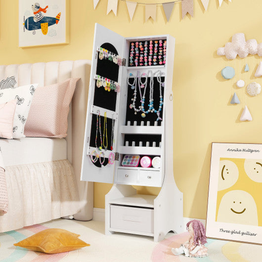 Freestanding Kids Jewelry Armoire Cabinet with Storage and 2 Tilt Angles-White