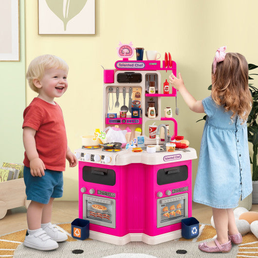 Kids Kitchen Playset Corner Play Kitchen with Realistic Sounds and Lights-Pink