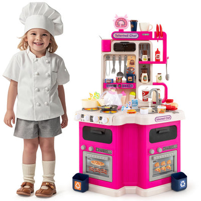 Kids Kitchen Playset Corner Play Kitchen with Realistic Sounds and Lights-Pink