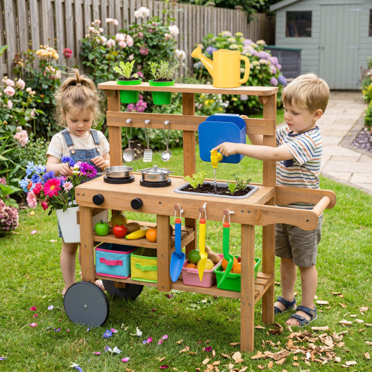 Kids Mud Kitchen with Water Tank and Sink and 15 Accessories for Ages 3+-Natural