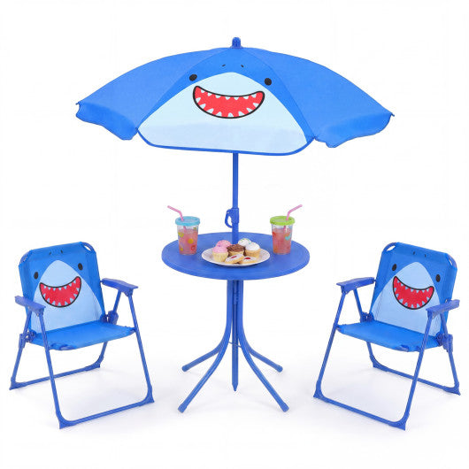 Kids Outdoor Table and Chair Set with 2 Folding Chairs and Height Adjustable Umbrella-Blue
