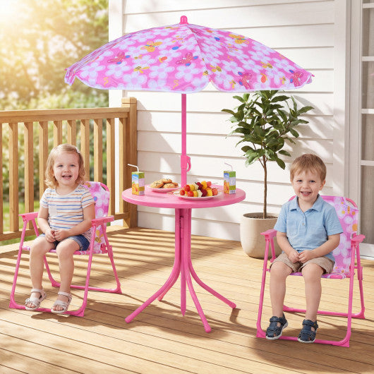 Kids Outdoor Table and Chair Set with 2 Folding Chairs and Height Adjustable Umbrella-Pink